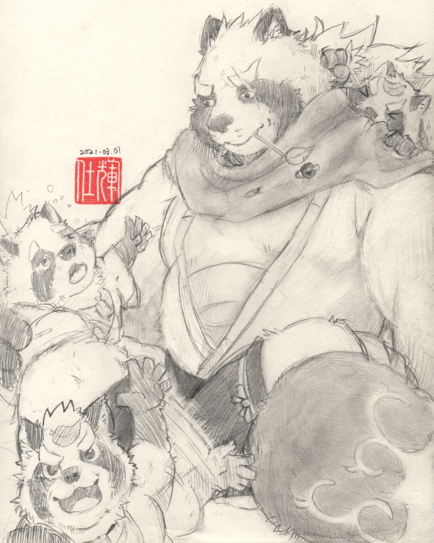 2021 absurd_res anthro canid canine clothed clothing eyes_closed felixleong group gyobu gyobu's_underlings hi_res humanoid_hands leaf male mammal overweight overweight_male raccoon_dog scar scarf sitting tanuki tokyo_afterschool_summoners traditional_media_(artwork) video_games