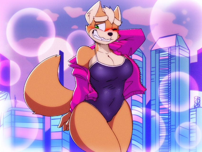 abstract_colors anthro awkward awkward_smile big_breasts black_nose blush breasts bubble bulge canid canine city city_background cleavage clothed clothing cloud crossgender curvaceous curvy_figure dracojeff eyebrows female fluffy fluffy_tail fox fox_mccloud fur hair hand_behind_neck jacket mammal mohawk nervous nervous_smile nintendo one-piece_swimsuit one_eye_closed orange_body orange_fur sharp_teeth small_waist solo star_fox swimwear tan_body tan_fur tan_hair teeth thick_eyebrows thick_thighs topwear video_games voluptuous wide_hips wink