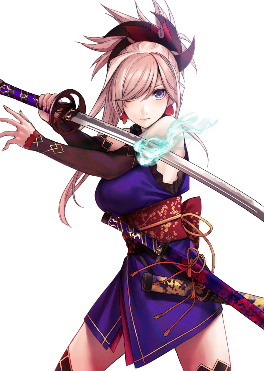 1girl applekun bangs black_legwear black_sleeves blue_eyes closed_mouth cowboy_shot detached_sleeves earrings fate/grand_order fate_(series) floating_hair hair_over_one_eye highres holding holding_sword holding_weapon japanese_clothes jewelry katana kimono long_hair looking_at_viewer miyamoto_musashi_(fate) pink_hair purple_kimono shiny shiny_hair short_kimono simple_background sleeveless sleeveless_kimono solo stance standing swept_bangs sword thighhighs tied_hair weapon white_background