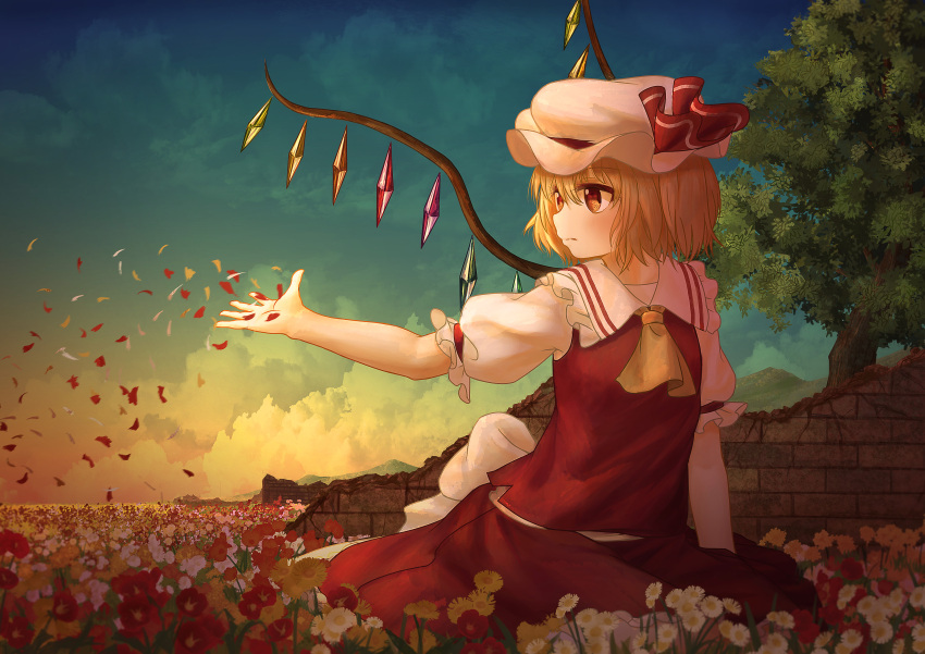 1girl absurdres arm_at_side arm_up blonde_hair blue_sky breasts brick_wall cloud commentary_request cravat daisy ekaapetto english_commentary expressionless field flandre_scarlet flower flower_field hair_between_eyes hat hat_ribbon highres looking_to_the_side mixed-language_commentary mob_cap mountain one_side_up outdoors outstretched_hand petals pink_headwear poppy_(flower) puffy_short_sleeves puffy_sleeves red_skirt red_vest ribbon ruins shirt short_hair short_sleeves sitting skirt sky small_breasts solo standing touhou twilight vest wariza white_shirt wings yellow_neckwear