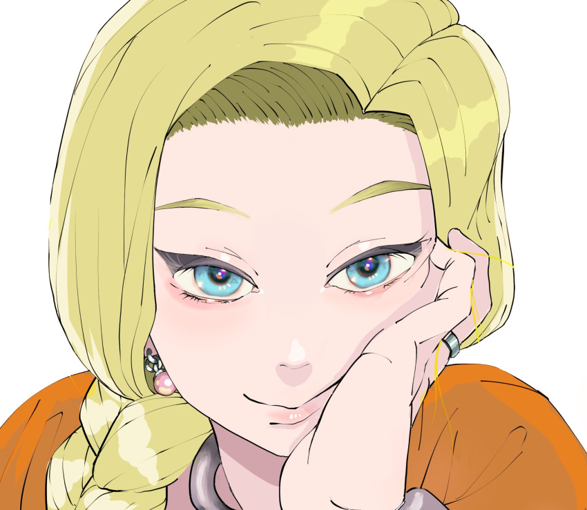 1girl bianca_(dq5) blonde_hair blue_eyes braid close-up closed_mouth dragon_quest dragon_quest_v earrings face hair_over_shoulder hands head_rest highres jewelry lips long_hair looking_at_viewer peiroke ring side_braid simple_background smile solo wedding_band white_background