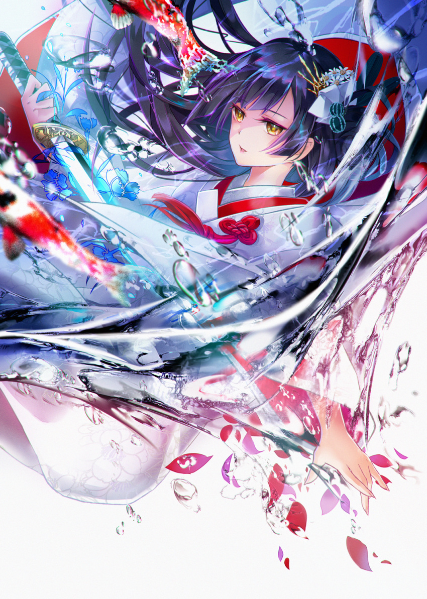 1girl bangs black_hair blunt_bangs dress hair_ornament highres hime_cut holding holding_sword holding_weapon japanese_clothes katana kimono long_hair long_sleeves original parted_lips petals sidelocks solo sword tyouya uchikake weapon wedding_dress yellow_eyes