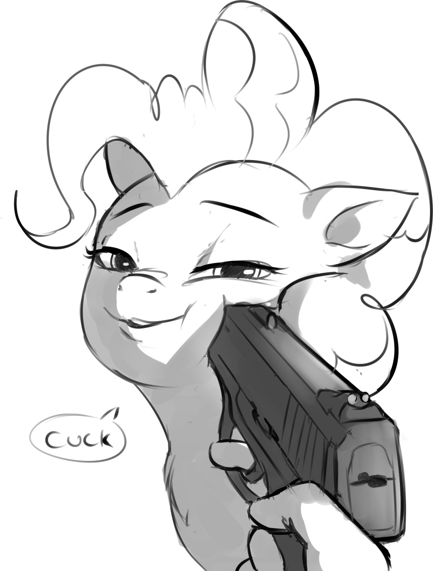 2021 crade disembodied_hand english_text equid equine female feral friendship_is_magic gun handgun hi_res horse insult looking_at_viewer mammal monochrome my_little_pony pinkie_pie_(mlp) pistol pony ranged_weapon simple_background smug solo_focus text weapon white_background