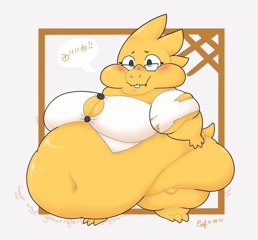 absurd_res alphys anthro belly big_belly big_breasts blush bottomless breasts buckteeth chubby_cheeks chubby_copper_fox clothed clothing coat deep_navel dewlap_(anatomy) double_chin english_text eyewear female flabby_arms front_view glasses hi_res huge_breasts huge_hips huge_thighs hyper hyper_belly lab_coat lizard looking_at_viewer love_handles morbidly_obese morbidly_obese_anthro morbidly_obese_female navel non-mammal_breasts obese obese_anthro obese_female overweight overweight_anthro overweight_female reptile rumbling_stomach scales scalie short_stack signature simple_background solo speech_bubble standing straining_buttons teeth text thick_tail thick_thighs three-quarter_view tight_clothing tight_coat tight_topwear topwear torn_clothing undertale video_games wide_hips yellow_body yellow_scales