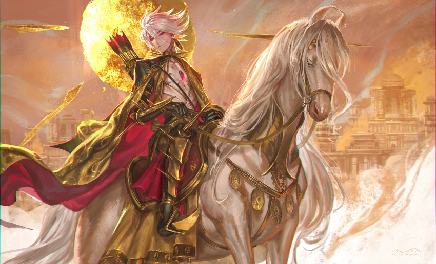 1boy 1other animal armor arrow_(projectile) cape chest_jewel choker egawa_akira expressionless fate/apocrypha fate_(series) gem gold highres horse horseback_riding karna_(fate) male_focus pale_skin reins riding saddle short_hair spiked_choker spiked_hair spikes sun white_horse