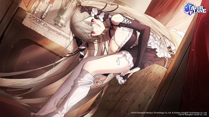 1girl absurdres azur_lane bed bent_over between_breasts black_dress black_nails black_ribbon blush breasts canopy_bed cleavage closed_mouth commentary congratulations copyright_name curtains dress dressing dutch_angle english_commentary expressionless eyebrows_visible_through_hair formidable_(azur_lane) frilled_dress frills from_side full_body hair_between_eyes hair_ribbon highres large_breasts leaning_forward logo long_hair long_sleeves looking_at_viewer milestone_celebration nail_polish off-shoulder_dress off_shoulder official_art on_bed pantyhose red_eyes ribbon second-party_source silver_hair sitting solo sunlight thighs very_long_hair watermark wattaro white_legwear white_neckwear