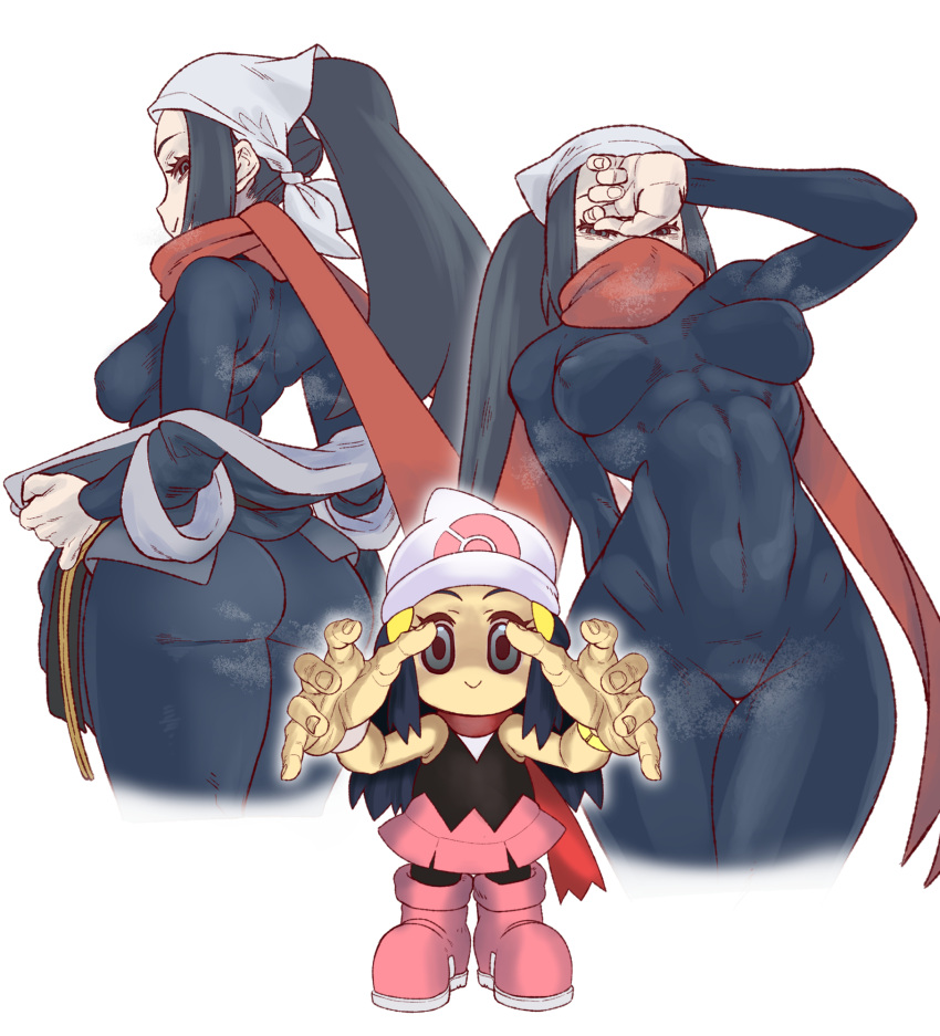 2girls abs ass beanie bodysuit boots breasts chibi covered_navel dawn_(pokemon) female_protagonist_(pokemon_legends:_arceus) guido_(sucurapu) hand_over_face hat head_scarf highres looking_at_viewer medium_breasts multiple_girls multiple_views outstretched_arms pink_footwear pink_skirt pokemon pokemon_(game) pokemon_bdsp pokemon_legends:_arceus ponytail red_scarf scarf simple_background skirt sleeveless smile steaming_body toned undressing white_headwear