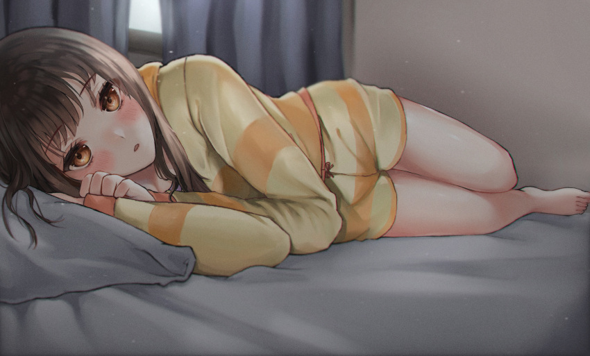 1girl bangs barefoot bed_sheet bedroom blush brown_eyes brown_hair curtains eyebrows_visible_through_hair highres iino_miko kaguya-sama_wa_kokurasetai_~tensai-tachi_no_renai_zunousen~ long_hair long_sleeves looking_at_viewer lying on_bed on_side open_mouth pajamas ponzu_(udon) shiny shiny_hair short_shorts shorts solo striped striped_shorts striped_sweater sweater yellow_shorts yellow_sweater