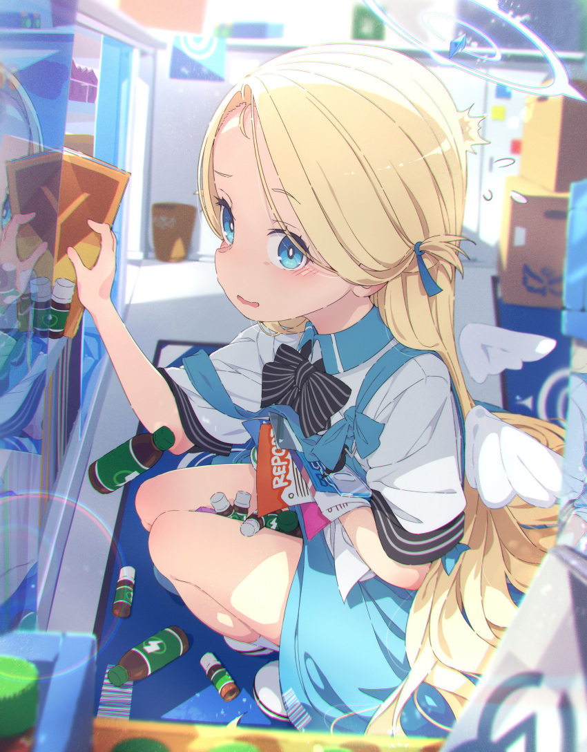 1girl absurdres angel_wings apron black_neckwear blonde_hair blue_apron blue_archive blue_eyes blush bottle bow bowtie box cardboard_box employee_uniform energy_drink forehead hair_ribbon halo highres holding indoors long_hair looking_at_viewer ogipote open_mouth ribbon shirt short_sleeves solo sora_(blue_archive) squatting two_side_up uniform white_shirt wings