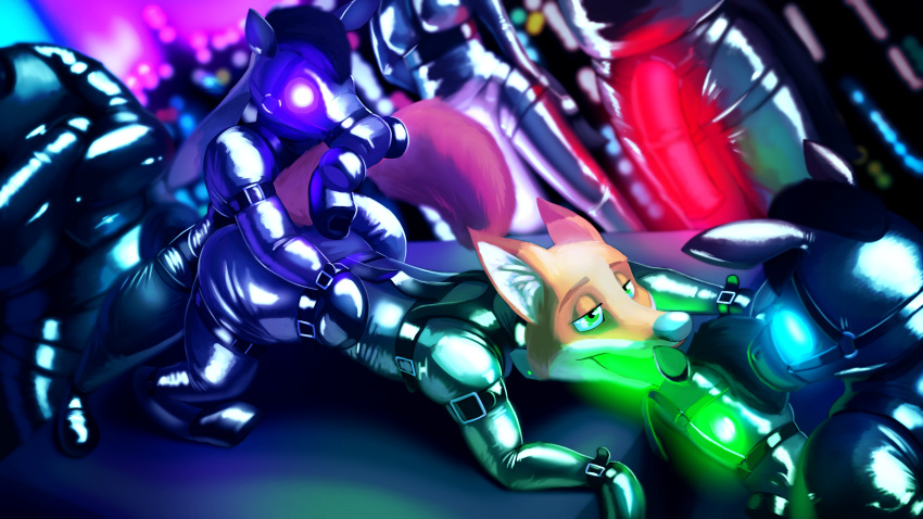 2021 absurd_res ambiguous_gender anthro bdsm black_nose bondage bound canid canine detailed_background digital_drawing_(artwork) digital_media_(artwork) disney drone droneification fox fur gas_mask glistening glowing glowing_eyes group harness hi_res inner_ear_fluff male mammal mask nick_wilde open_mouth oral oral_penetration orange_body orange_fur penetration petplay ponyplay roleplay rubber sex_toy sexotheque tuft white_body white_fur zootopia