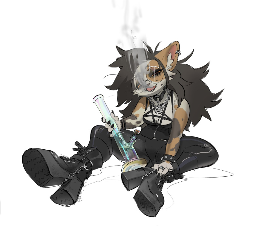 2020 anthro boots breasts brown_hair bypbap cleavage clothed clothing drugs felid feline female footwear fully_clothed fur hair half-closed_eyes hi_res long_hair mammal marijuana narrowed_eyes simple_background sitting smoke smoking_weed solo tongue tongue_out topwear white_background