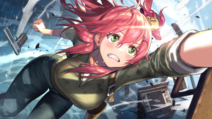 1girl bell blue_pants blue_sky blush breasts clenched_hand clenched_teeth cloud cloudy_sky commentary cosplay cowboy_shot day denim eyebrows_visible_through_hair falling glint green_eyes green_jacket gun hair_bell hair_between_eyes hair_ornament handgun hanging hikosan hololive jacket jeans large_breasts lips looking_up medium_hair nathan_drake nathan_drake_(cosplay) outdoors pants pink_hair sakura_miko shirt side_ponytail sky solo sweat teeth uncharted uncharted_2 virtual_youtuber weapon white_shirt x_hair_ornament