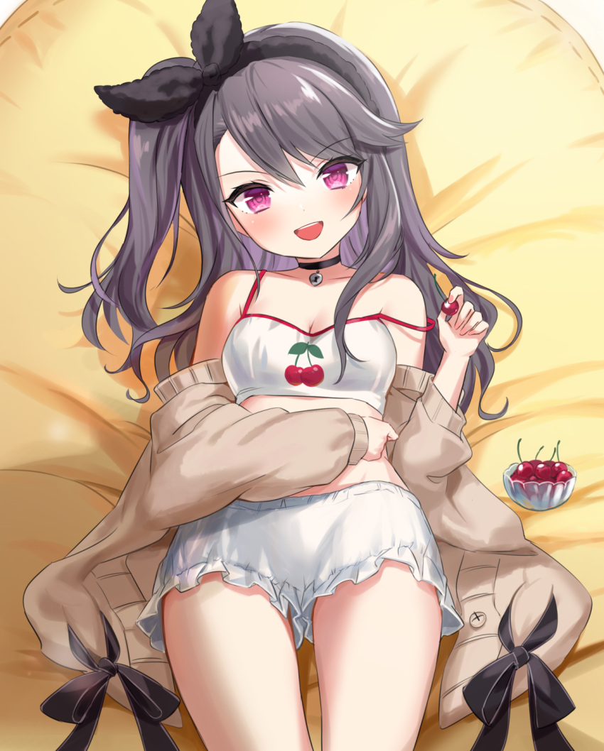 1girl :d azur_lane bangs bare_shoulders bean_bag_chair black_choker black_hair black_hairband blush breasts brown_cardigan camisole cardigan cherry cherry_print choker cleavage collarbone commentary cowboy_shot crop_top eyebrows_visible_through_hair food food_print fruit groin hair_between_eyes hairband highres holding holding_food holding_fruit kiki-yu long_hair looking_at_viewer lying medium_breasts midriff off_shoulder official_alternate_costume on_back one_side_up open_cardigan open_clothes open_mouth pamiat_merkuria_(azur_lane) pamiat_merkuria_(sweet_cherry_memories)_(azur_lane) purple_eyes shadow sidelocks smile solo strap_slip swept_bangs upper_teeth white_bloomers white_camisole