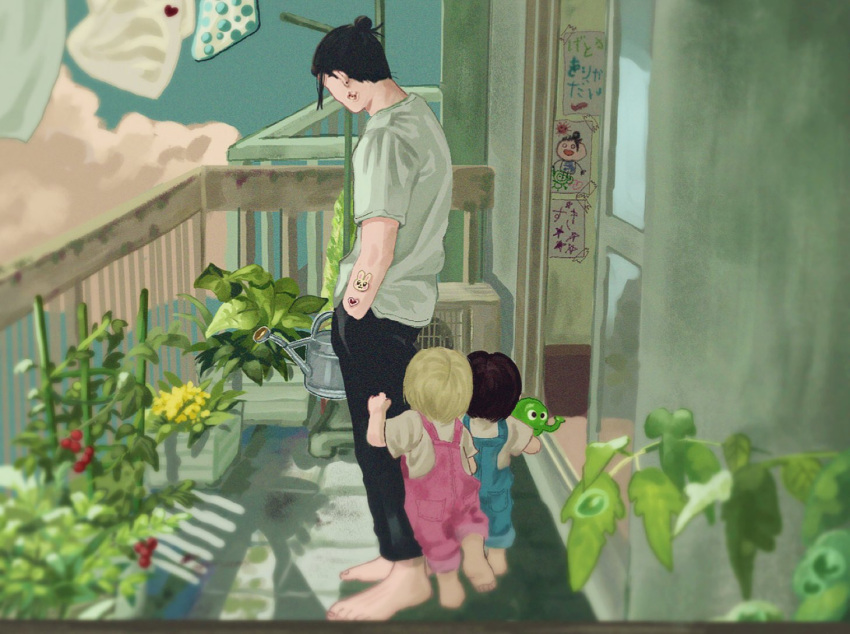 1boy 2girls barefoot black_hair black_pants blonde_hair blue_overalls child child_drawing day facing_away full_body getou_suguru hair_bun hand_in_pocket holding holding_watering_can jujutsu_kaisen mimiko_(jujutsu_kaisen) multiple_girls nanako_(jujutsu_kaisen) overalls pants penguin_miko pink_overalls plant shirt short_hair short_sleeves standing sticker t-shirt watering_can white_shirt