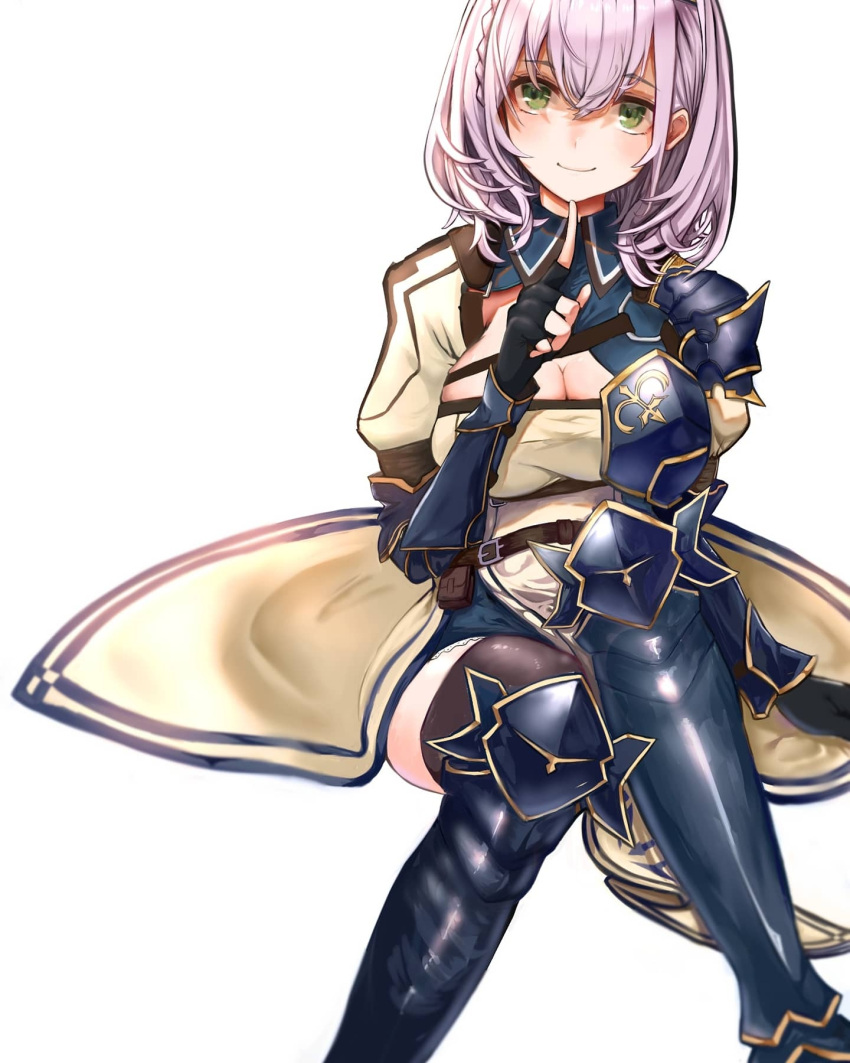 1girl armor bangs belt black_gloves braid breasts chest_protector chest_strap cleavage closed_mouth dress finger_to_own_chin fingerless_gloves gloves greaves green_eyes hair_between_eyes highres hololive index_finger_raised large_breasts looking_at_viewer shirogane_noel short_dress short_hair shoulder_armor side_braid silver_hair solo spaulders thighhighs thighhighs_under_boots vambraces virtual_youtuber yamada_(iroha97151188)