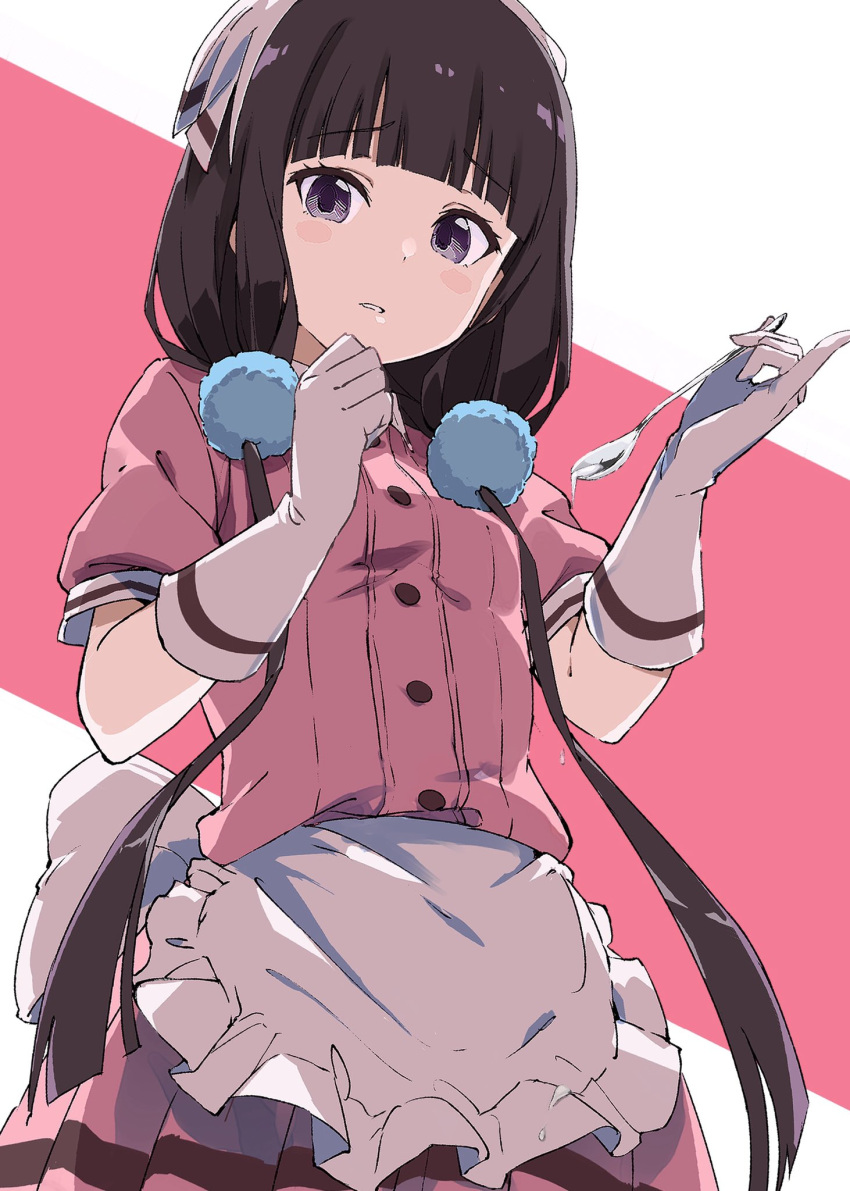 1girl apron bandana blend_s commission cowboy_shot frilled_apron frills gloves head_scarf highres long_hair looking_at_viewer low_twintails pink_shirt pink_skirt purple_eyes rauto sakuranomiya_maika shirt skirt solo spoon stile_uniform twintails two-tone_background waist_apron waitress white_apron white_gloves