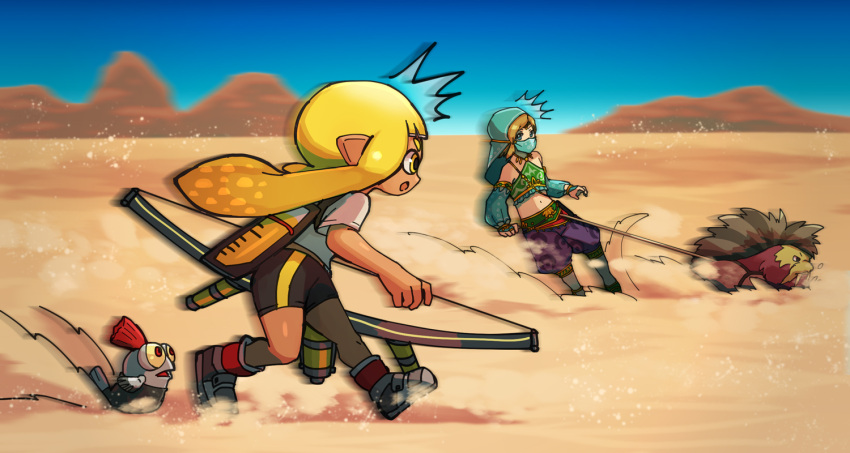1boy 1girl ^^^ aisawa_natsu animal arabian_clothes bare_arms bare_legs bare_shoulders bike_shorts blonde_hair bow_(weapon) bridal_gauntlets bulging_eyes colored_sclera company_connection crossdressing crossover day desert domino_mask gerudo_set_(zelda) harem_pants holding holding_bow_(weapon) holding_weapon inkling link long_hair looking_at_another mask midriff motion_blur mouth_veil open_mouth outdoors pants pointy_ears pulling running salmonid sand sand_seal_(zelda) shirt shoes short_sleeves sliding smallfry_(splatoon) splatoon_(series) splatoon_3 stomach surprised tan tentacle_hair the_legend_of_zelda the_legend_of_zelda:_breath_of_the_wild veil weapon yellow_eyes yellow_sclera