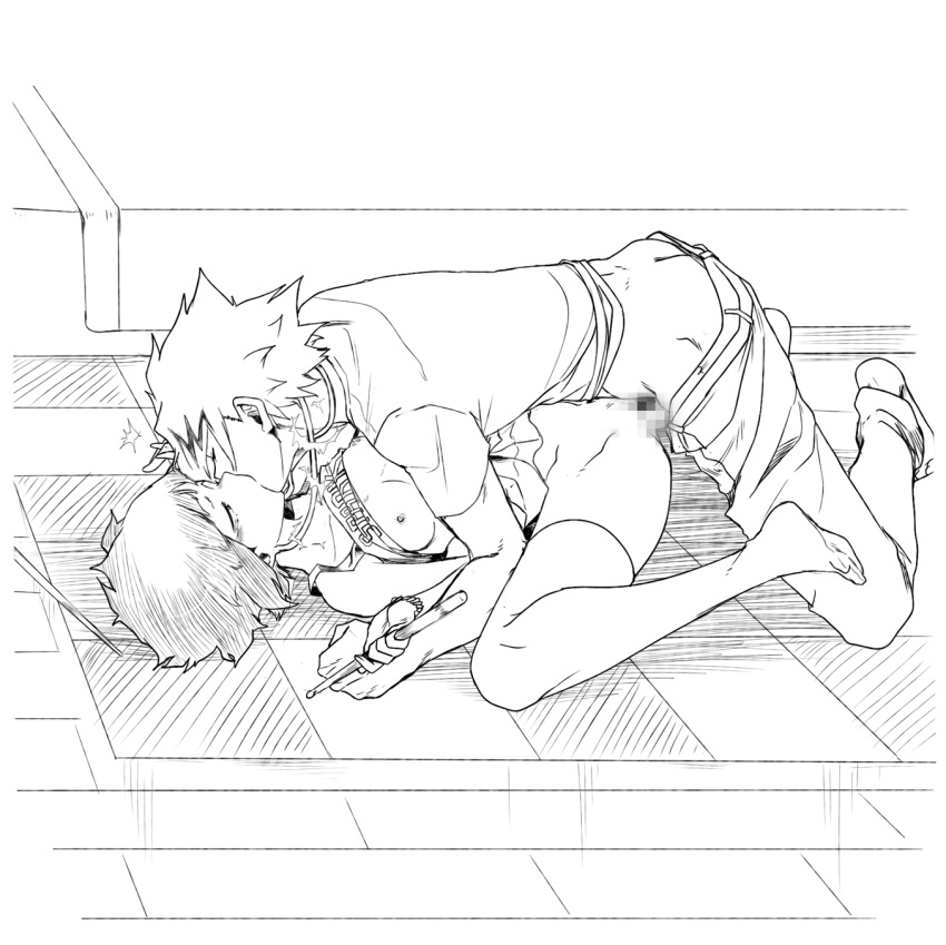 1boy 1girl ass boku_no_hero_academia breasts censored closed_eyes dailykrumbs drumsticks english_commentary greyscale hetero highres holding jirou_kyouka kaminari_denki kiss long_sleeves monochrome mosaic_censoring nipples no_bra no_shoes on_ground pants pants_pull sex shirt shirt_lift short_hair short_sleeves spread_legs thighhighs