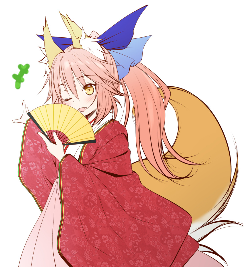 +++ 1girl ;d animal_ear_fluff animal_ears bangs blue_ribbon blush brown_eyes commentary_request eyebrows_visible_through_hair fan fate/extra fate_(series) folding_fan fox_ears fox_girl fox_tail hair_between_eyes hair_ribbon hakama haryuu_(poetto) highres holding holding_fan japanese_clothes kimono long_hair long_sleeves looking_at_viewer one_eye_closed open_clothes open_mouth outstretched_arm pink_hair pink_hakama ponytail ribbon simple_background smile solo tail tamamo_(fate)_(all) tamamo_no_mae_(fate) white_background white_kimono wide_sleeves