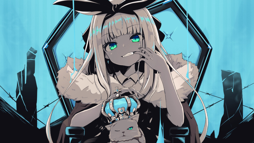 1girl animal bangs baram barbed_wire blue_background blue_eyes cape cat collared_shirt commentary_request crown eyebrows_visible_through_hair fur-trimmed_cape fur_trim gradient_eyes green_eyes grin hair_ribbon head_tilt highres king_(vocaloid) long_hair looking_at_viewer mononobe_alice multicolored multicolored_eyes nijisanji partially_colored ribbon shirt smile solo upper_body virtual_youtuber