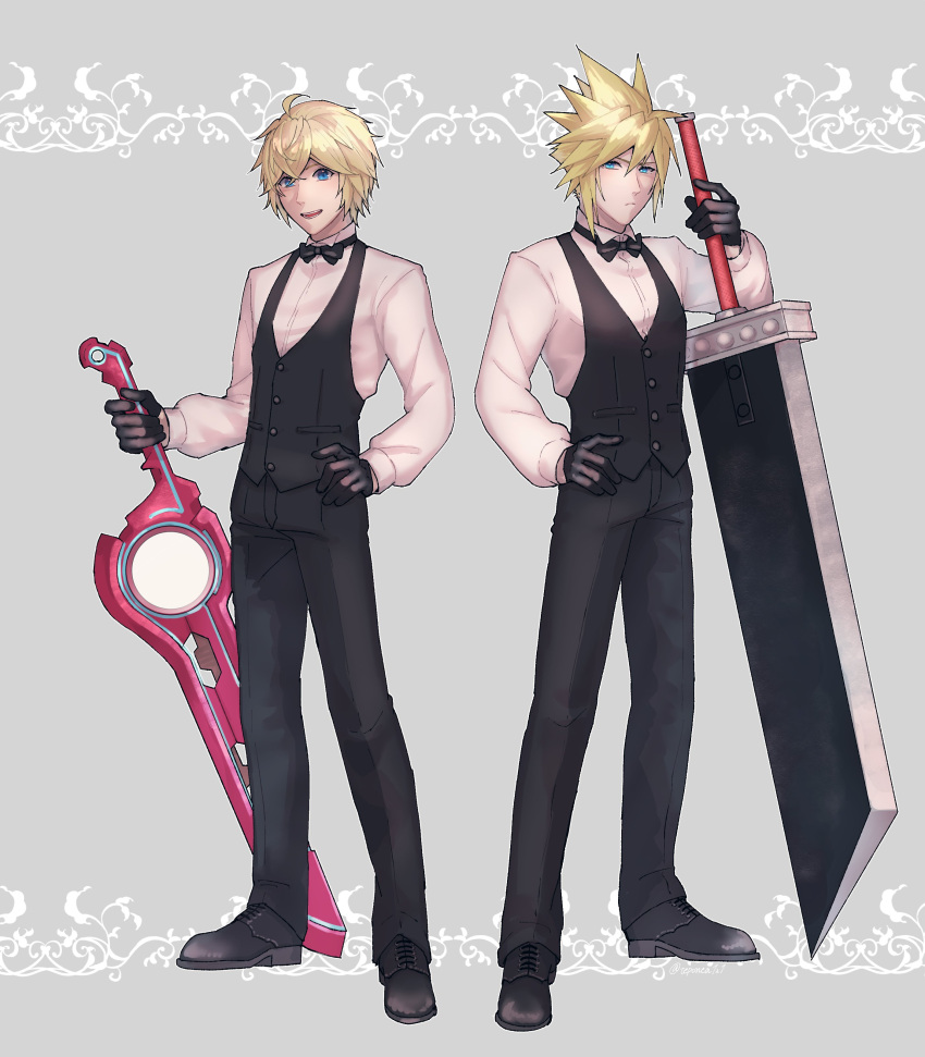 2boys absurdres blonde_hair blue_eyes buster_sword cloud_strife final_fantasy final_fantasy_vii fist_pump formal full_body gloves hand_on_weapon highres looking_at_viewer male_focus monado multiple_boys rei_(teponea121) shulk_(xenoblade) smile spiked_hair square_enix suit super_smash_bros. sword weapon xenoblade_chronicles xenoblade_chronicles_(series)