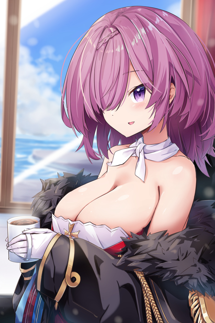1girl absurdres aiguillette azur_lane bare_shoulders black_coat breasts cleavage coat coffee_mug cup dress epaulettes from_side fur-trimmed_coat fur_trim gloves hair_over_one_eye highres holding holding_cup large_breasts leer.meer looking_at_viewer medium_hair mug open_clothes open_coat penelope_(azur_lane) purple_eyes purple_hair solo strapless strapless_dress upper_body white_gloves white_neckwear