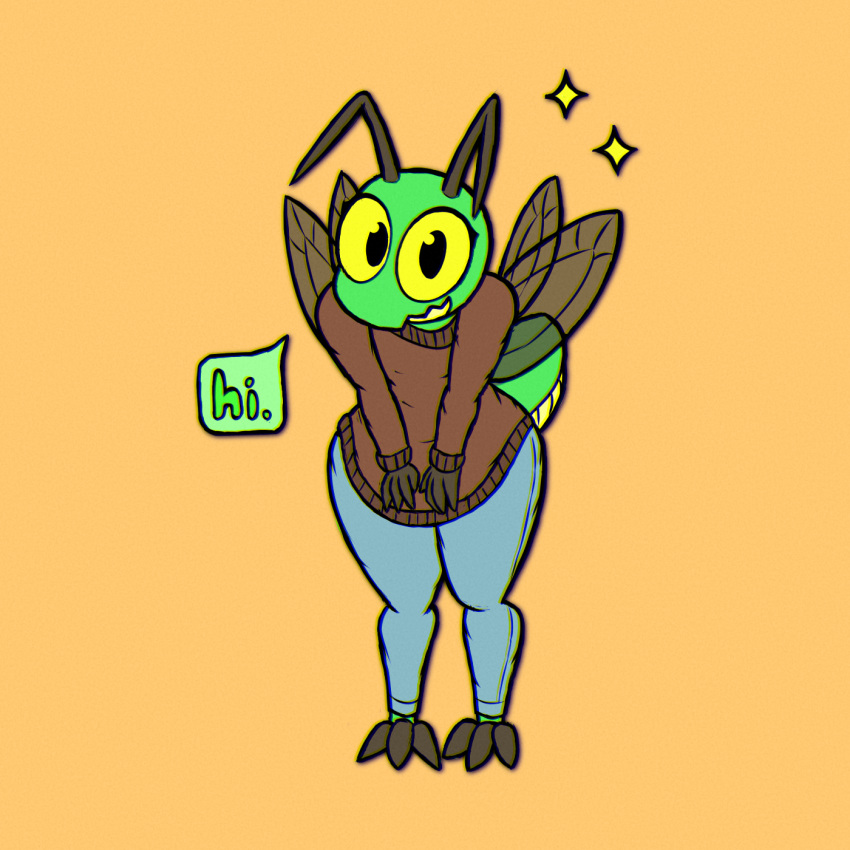 ambiguous_gender antennae_(anatomy) anthro arthropod arthropod_abdomen big_eyes biped bottomwear clothed clothing creature_sp denim denim_clothing dialogue dialogue_box hi_res insect insect_wings jeans leaning leaning_forward nonbinary_(lore) pants simple_background solo star sweater topwear wings