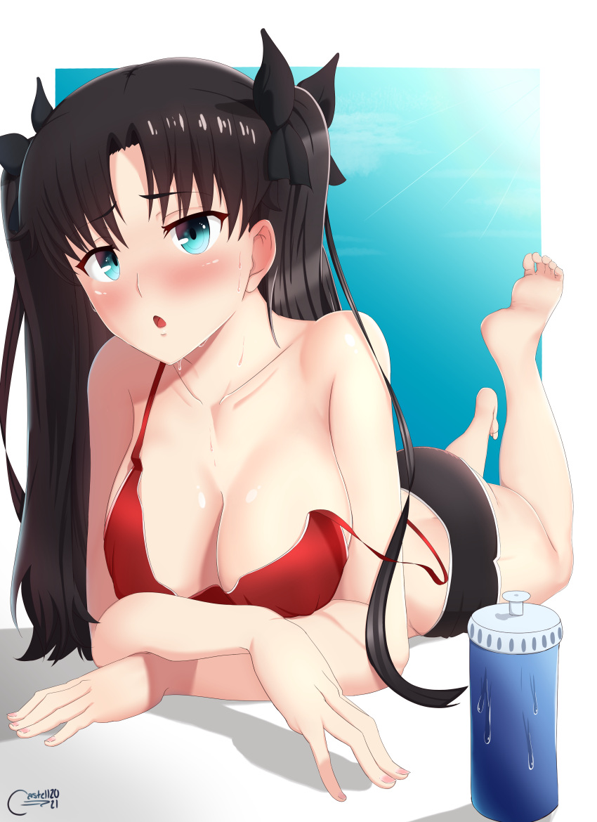 1girl absurdres bangs bare_shoulders black_hair black_shorts blue_background blue_eyes blush breasts camisole castell cleavage collarbone fate_(series) gradient gradient_background highres long_hair looking_at_viewer lying medium_breasts on_stomach open_mouth parted_bangs red_camisole short_shorts shorts tohsaka_rin two_side_up