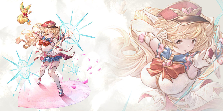 1girl bare_shoulders blonde_hair breasts cygames elbow_gloves gloves granblue_fantasy granblue_fantasy_(style) hat highres large_breasts long_hair magical_girl military_hat monika_weisswind pleated_skirt skirt sword thigh_strap thighhighs twintails wavy_hair weapon yu_pian zettai_ryouiki