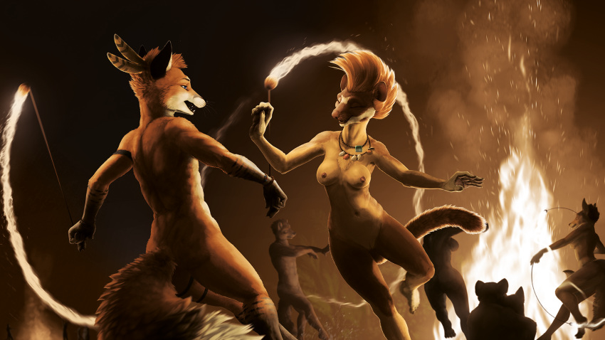 2021 aleutia anthro armband bonfire breasts brown_body brown_fur butt canid canine casual_nudity chest_tuft depth_of_field digital_media_(artwork) duo_focus eyes_closed feathers female fire fire_dancing fire_performance fire_poi fire_spinning fox fur genitals gloves_(marking) group hair hi_res inner_ear_fluff ipoke jewelry kalahari_(character) leg_markings legband long-tailed_weasel looking_at_another male male/female mammal markings motion_blur mustela mustelid musteline navel necklace nipples nude open_mouth orange_body orange_fur performance_art pussy smile social_nudity socks_(marking) teeth tuft whiskers