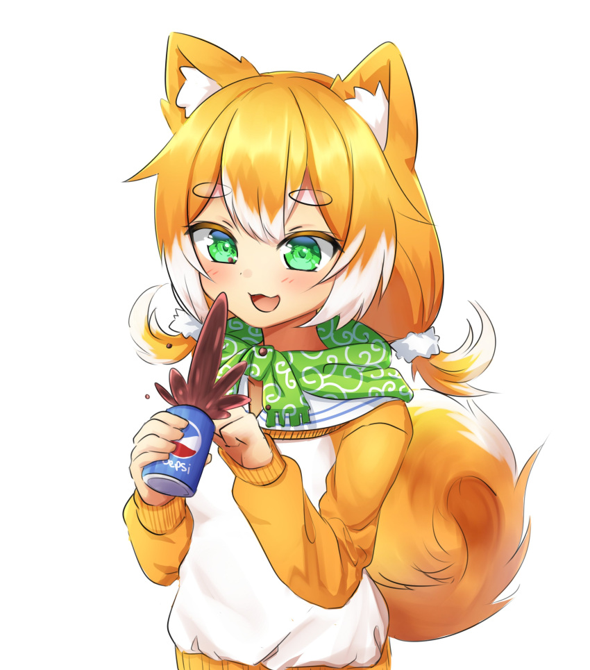 1girl :3 :d absurdres animal_ears can eyebrows_visible_through_hair green_eyes green_scarf highres holding holding_can klaius long_sleeves low_twintails open_mouth orange_hair original pepsi raglan_sleeves scarf simple_background smile solo tail twintails white_background