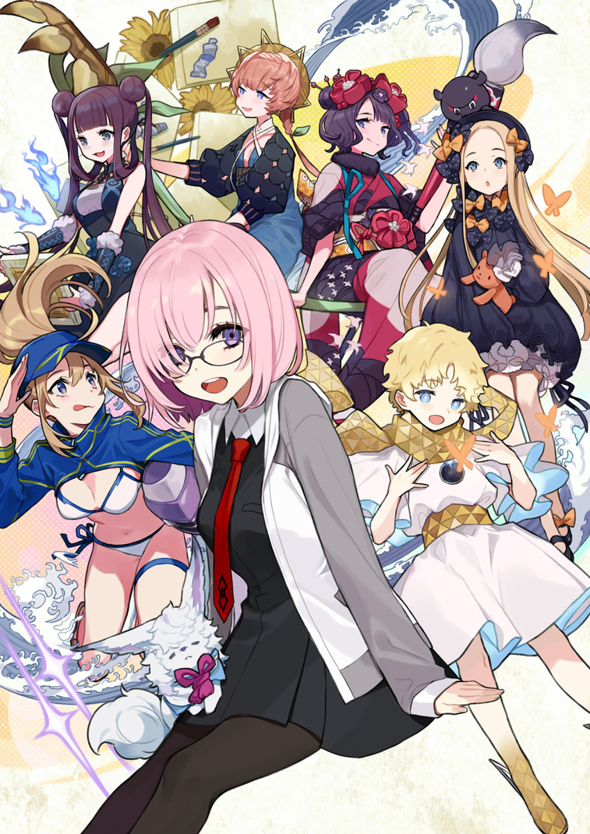 1boy 1other 6+girls abigail_williams_(fate) ahoge animal artoria_pendragon_(all) baggy_clothes bangs bare_shoulders baseball_cap bikini bikini_top black_dress black_hair blonde_hair blue_eyes blue_fire bow braid breasts brown_hair bug butterfly calligraphy_brush china_dress chinese_clothes cleavage closed_eyes closed_mouth commentary_request creature crop_top detached_sleeves double_bun dress eyebrows_visible_through_hair fate/grand_order fate/requiem fate_(series) fire flower forehead fou_(fate) glasses hair_between_eyes hair_ornament hat high_collar highres holding holding_paintbrush hood hood_down hooded_jacket insect jacket japanese_clothes katsushika_hokusai_(fate) kimono long_hair long_sleeves looking_at_viewer looking_away looking_to_the_side mash_kyrielight medium_breasts multiple_girls mysterious_heroine_xx_(fate) navel necktie octopus open_clothes open_jacket open_mouth orange_hair paintbrush painting pantyhose pink_hair ponytail purple_eyes red_neckwear scarf short_hair side_braid sitting smile stuffed_animal stuffed_toy sunflower swimsuit teddy_bear teeth tokitarou_(fate) tongue tongue_out twintails van_gogh_(fate) very_long_hair voyager_(fate) water waves wide_sleeves yang_guifei_(fate) yellow_bow yellow_scarf yuu_(higashi_no_penguin)