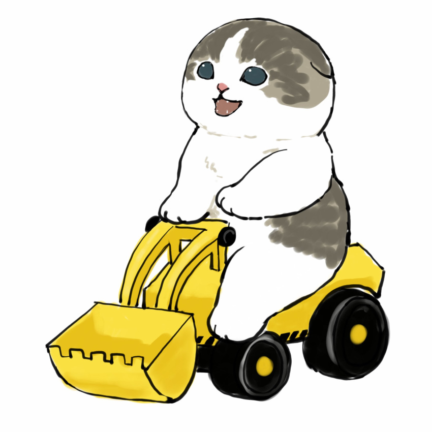 bulldozer cat construction driving fangs happy highres kitten mofu_sand original paws riding smile wheel white_background