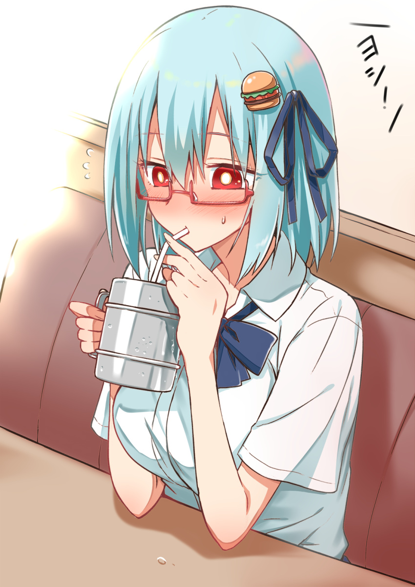 1girl blue_hair blush booth borrowed_character breasts coffee_mug condensation cup drinking drinking_straw drinking_straw_in_mouth food glasses hair_ornament hair_ribbon hamburger hamburger-chan_(nekoume) highres large_breasts medium_hair mug nose_blush original red-framed_eyewear red_eyes ribbon semi-rimless_eyewear sitting solo under-rim_eyewear yuto_(dialique)