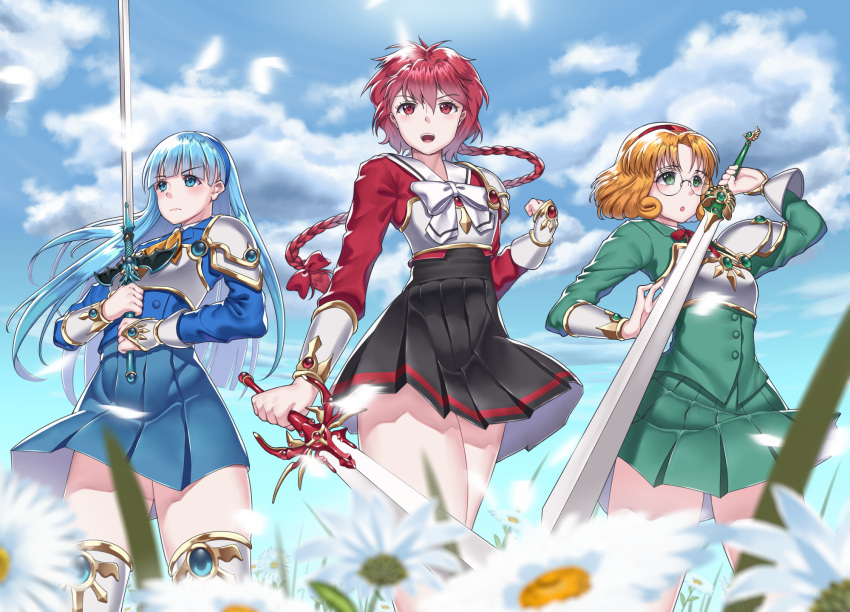 3girls armor armored_dress black_skirt blonde_hair blue_eyes blue_hair blue_hairband blue_shirt blue_skirt bow braid cloud cowboy_shot flower glasses green_eyes green_shirt green_skirt hair_bow hairband highres himeliofon holding holding_sword holding_weapon hououji_fuu left-handed long_hair magic_knight_rayearth multiple_girls pleated_skirt rapier red_bow red_eyes red_hair red_hairband red_shirt round_eyewear ryuuzaki_umi sailor_collar school_uniform shidou_hikaru shirt short_hair single_braid skirt sky standing sword thighhighs weapon white_bow white_sailor_collar