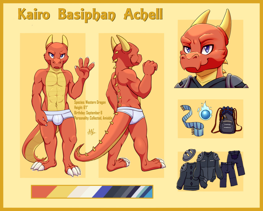 alf_doggo_(artist) animal_humanoid anthro athletic blue_eyes bulge claws clothed clothing digital_media_(artwork) dragon dragon_tail hi_res horn humanoid kairo_achell_(character) male model_sheet plantigrade scalie scalie_humanoid simple_background smile solo standing underwear western_dragon