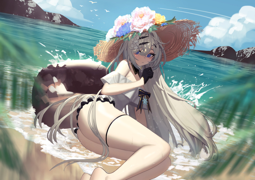 1girl absurdres ass black_bow black_gloves blue_eyes blush bow day flower gloves grey_hair hat highres kurt_bestor long_hair looking_at_viewer original outdoors solo sun_hat thighhighs very_long_hair water white_legwear