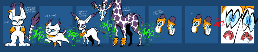 absurd_res anthro asinus canid canine canis digimon digimon_(species) domestic_cat domestic_dog donkey ear_piercing english_text equid equine felid feline felis female feral gatomon giraffe giraffid hi_res humanoid long_image mammal oddjuice piercing slippers solo speech_bubble text transformation transformation_sequence wide_image