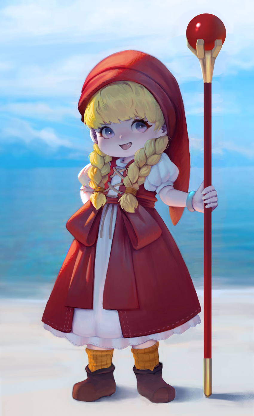 1girl absurdres blonde_hair boots bracelet braid brown_footwear dragon_quest dragon_quest_xi dress fang full_body hand_on_hip hat highres jewelry long_hair open_mouth red_dress red_headwear short_sleeves smile solo tan_liao twin_braids twintails veronica_(dq11) wand white_sleeves