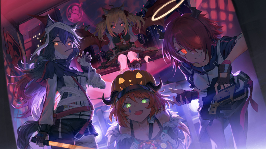 4girls animal_ears arknights bandaged_hand bandaged_head bandages bare_shoulders black_gloves black_hair blonde_hair boots breasts bucket candy chinese_commentary city croissant_(arknights) demon_wings ecien exusiai_(arknights) fingerless_gloves fog food food_in_mouth fox_ears gloves glowing glowing_eyes green_eyes gun halloween halloween_bucket halo hand_up holding holding_bucket holding_gun holding_sword holding_weapon horns jack-o'-lantern long_hair looking_at_viewer mixed-language_commentary multiple_girls open_mouth orange_eyes orange_hair pantyhose penguin_logistics_(arknights) pocky red_eyes red_hair short_hair shorts sitting smile sora_(arknights) sword tail texas_(arknights) twintails visor_cap weapon wings wolf_ears wolf_tail