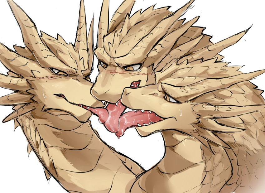 2021 3_heads anthro blush bodily_fluids chung0_0 dripping fangs french_kissing godzilla_(series) head_spikes horn kaiju king_ghidorah kissing male multi_head open_mouth saliva saliva_drip saliva_on_tongue saliva_string scales scalie selfcest sharp_teeth simple_background solo spikes spikes_(anatomy) square_crossover sweat tears teeth toho tongue tongue_out white_background yellow_body yellow_eyes yellow_scales