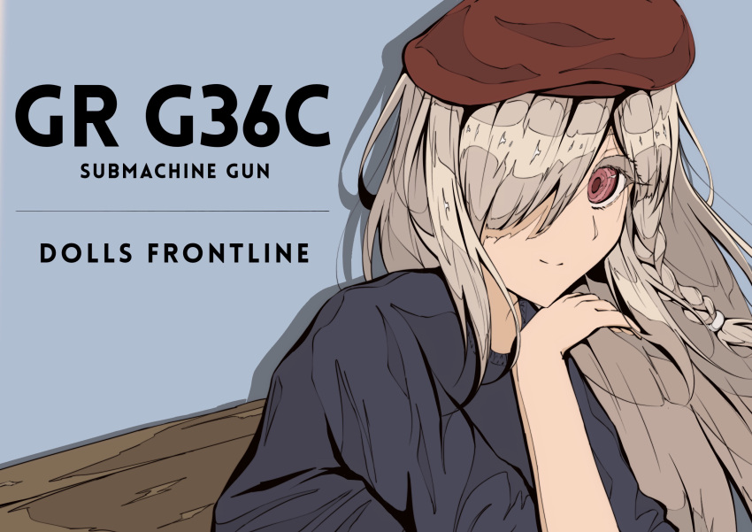 1girl beret blue_shirt braid character_name copyright_name cover english_text eyebrows_visible_through_hair g36c_(girls_frontline) girls_frontline hair_over_eyes hat highres i_rikky long_hair magazine_cover one_eye_covered platinum_blonde_hair red_eyes shirt simple_background solo_focus