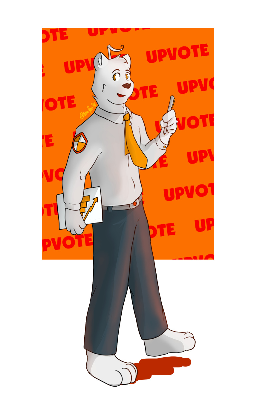 anthro barefoot digital_media_(artwork) fur gearfox98 hi_res male mammal necktie pen reddit redditor smile solo unform upvote ursid white_body white_fur