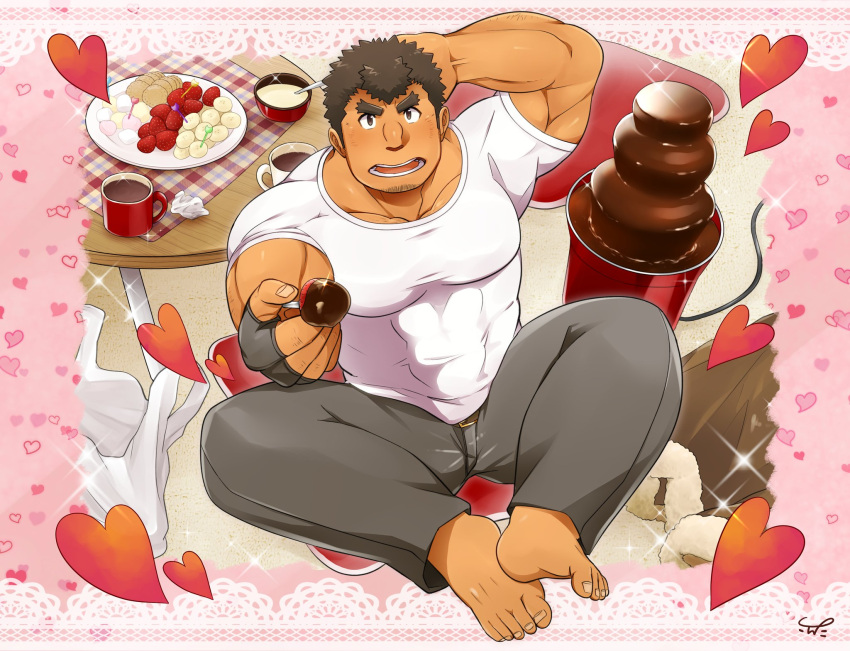 1boy arm_behind_head arm_hair bara barefoot blush brown_hair chocolate chocolate_fountain covered_abs cup facial_hair food full_body grey_pants heart highres holding holding_food incoming_food incoming_gift kengo_(tokyo_houkago_summoners) kontahsm large_pectorals male_focus mature_male mug muscular muscular_male pants shirt short_hair sideburns solo stubble tokyo_houkago_summoners valentine white_shirt