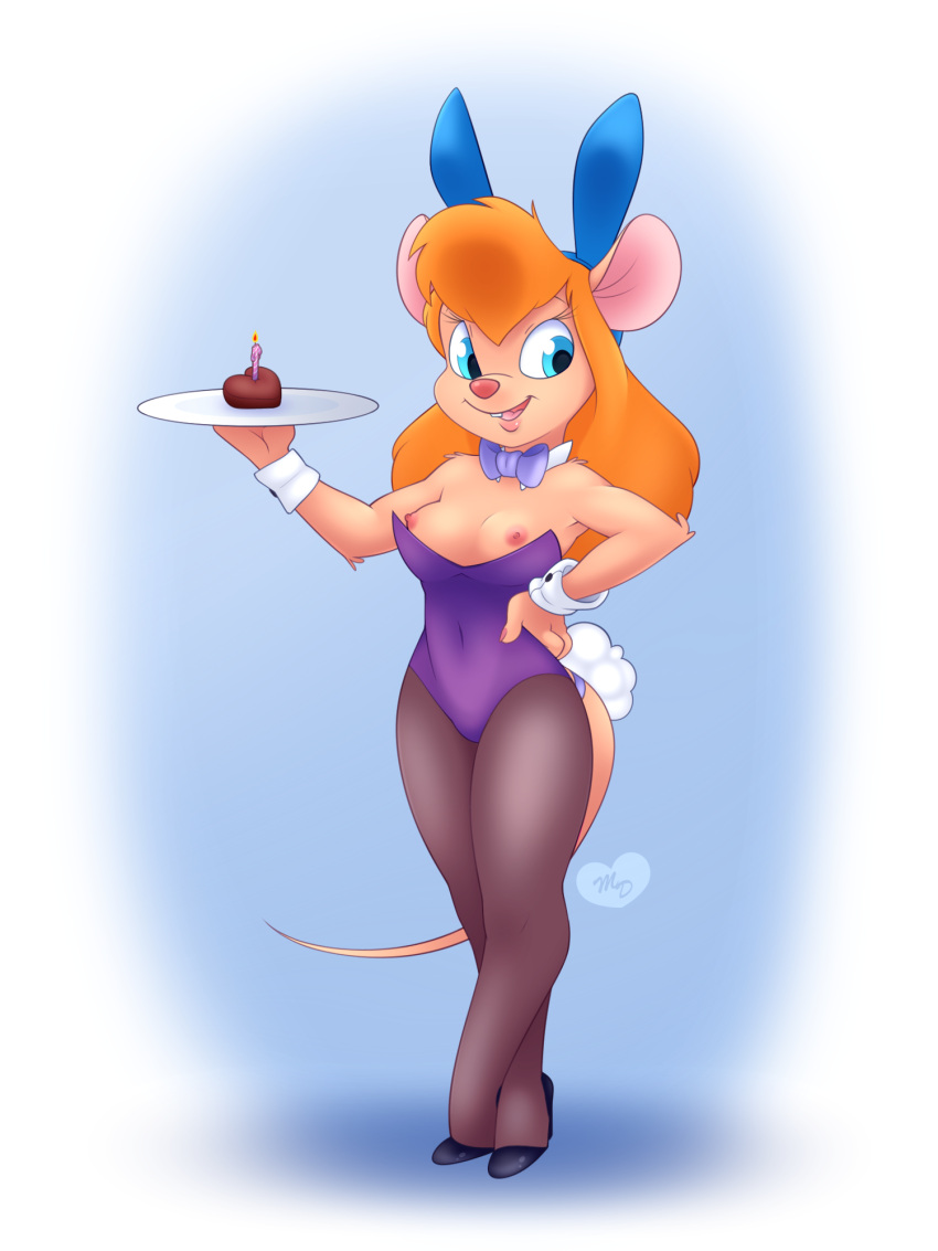 &lt;3 anthro bow_tie breasts bunny_costume candle chip_'n_dale_rescue_rangers clothing costume disney exposed_breasts fake_ears fake_rabbit_ears female footwear gadget_hackwrench hand_on_hip hi_res high_heels looking_at_viewer mammal minxydoodle mouse murid murine nipples rodent shoes solo