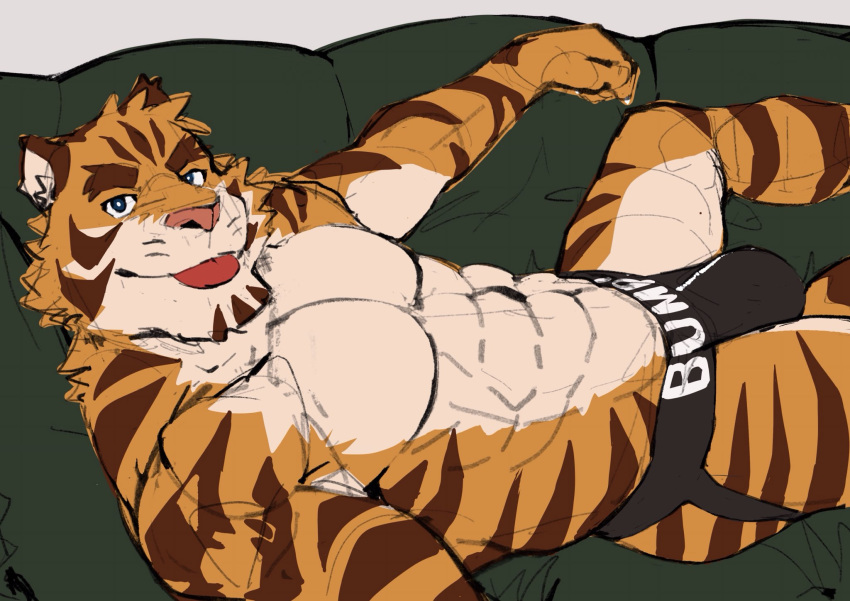 anthro blep bulge clothing felid hi_res jockstrap looking_at_viewer lying male mammal muscular muscular_male on_back pantherine pecs ragtouran solo tiger tongue tongue_out underwear