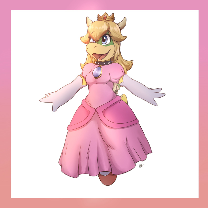 2021 absurd_res anthro border clothed clothing collar crown dress female fingers fully_clothed hi_res koopa louart mario_bros nintendo open_mouth open_smile princess_koopa scalie simple_background smile solo video_games white_background