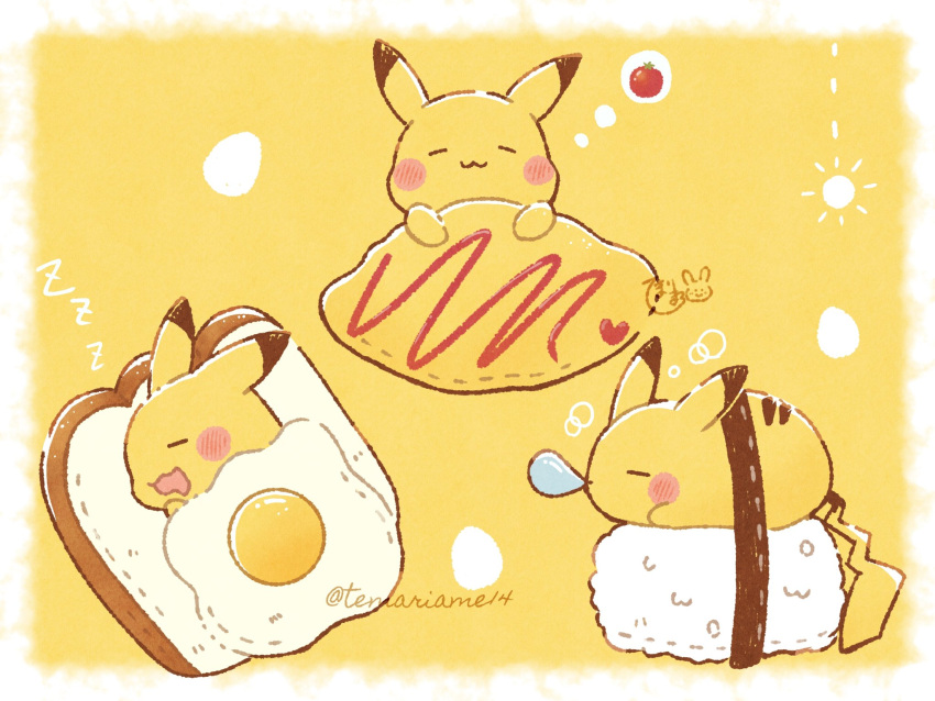 :3 artist_name blush bread closed_eyes closed_mouth commentary food fried_egg gen_1_pokemon highres lying no_humans nose_bubble omurice on_side pikachu pokemon pokemon_(creature) rice signature sleeping smile temariame14 thought_bubble zzz