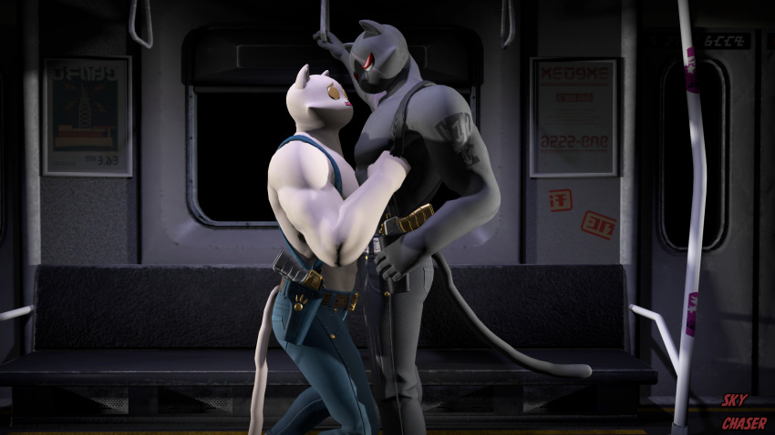 3d_(artwork) anthro bump digital_media_(artwork) domestic_cat duo eye_contact felid feline felis hi_res looking_at_another male male/male mammal meowscles_(fortnite) muscular muscular_male public_transportation sky_chaser source_filmmaker subway surprise