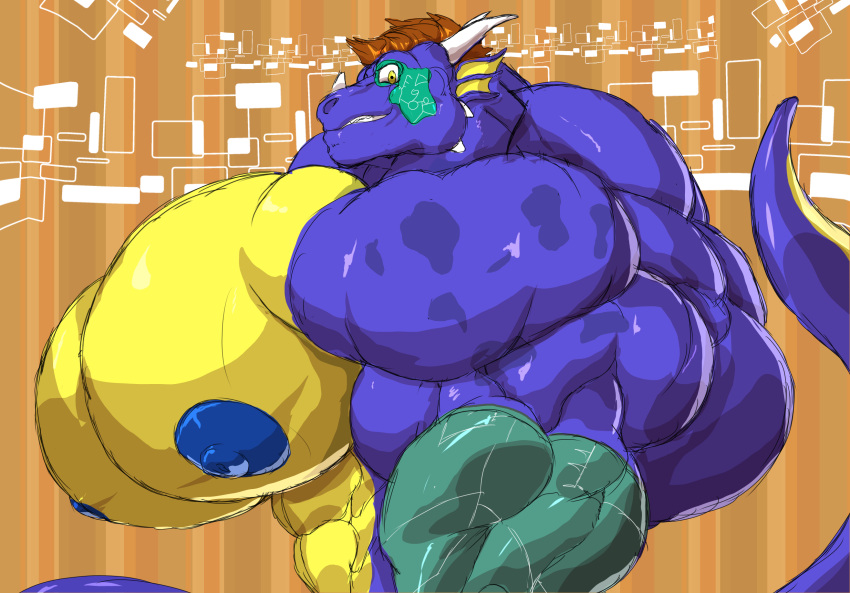 2021 abstract_background anthro big_muscles big_pecs big_penis blue_nipples blue_penis brown_hair countershading draderico dragon genitals grin hair hi_res horn huge_muscles huge_pecs huge_penis hyper hyper_genitalia hyper_muscles hyper_pecs hyper_penis looking_at_viewer male muscular nipples nude panscolipede pecs penis scalie side_view smile solo western_dragon yellow_countershading